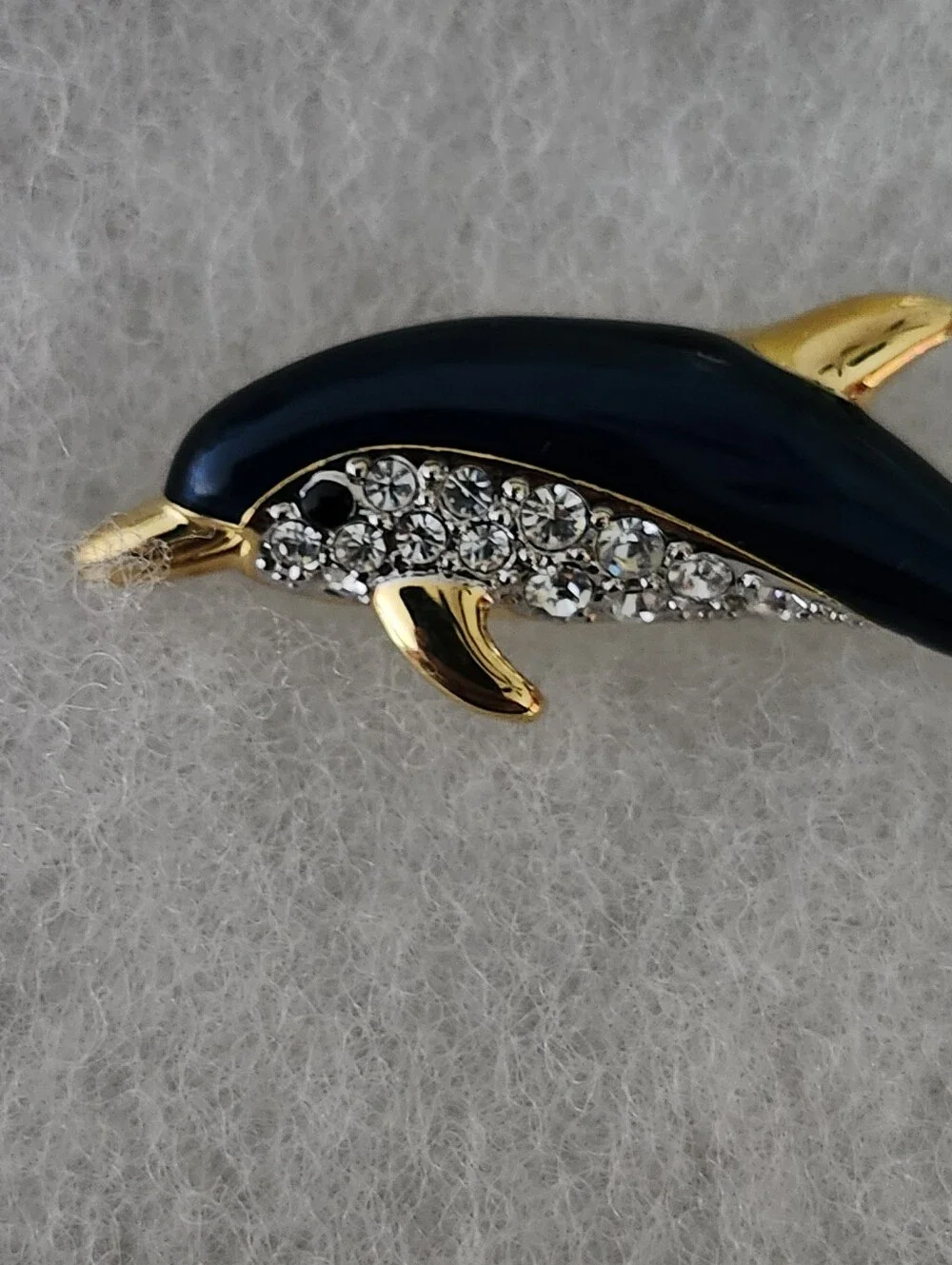Dolphin Rhinestone Enamel Brooch - Blue & Gold Tone